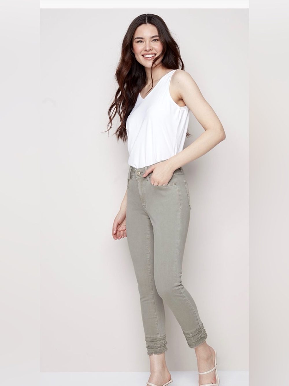 CHARLIE B stretch pants with 3 tier frayed effect